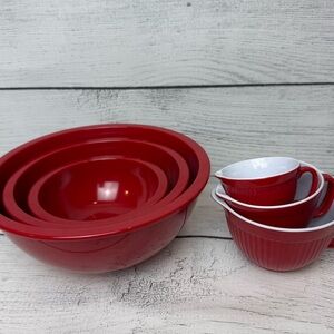 🍒 Pottery Barn Kids Red Melamine Mixing Bowl and Measuring Cup Set Vintage 🍒